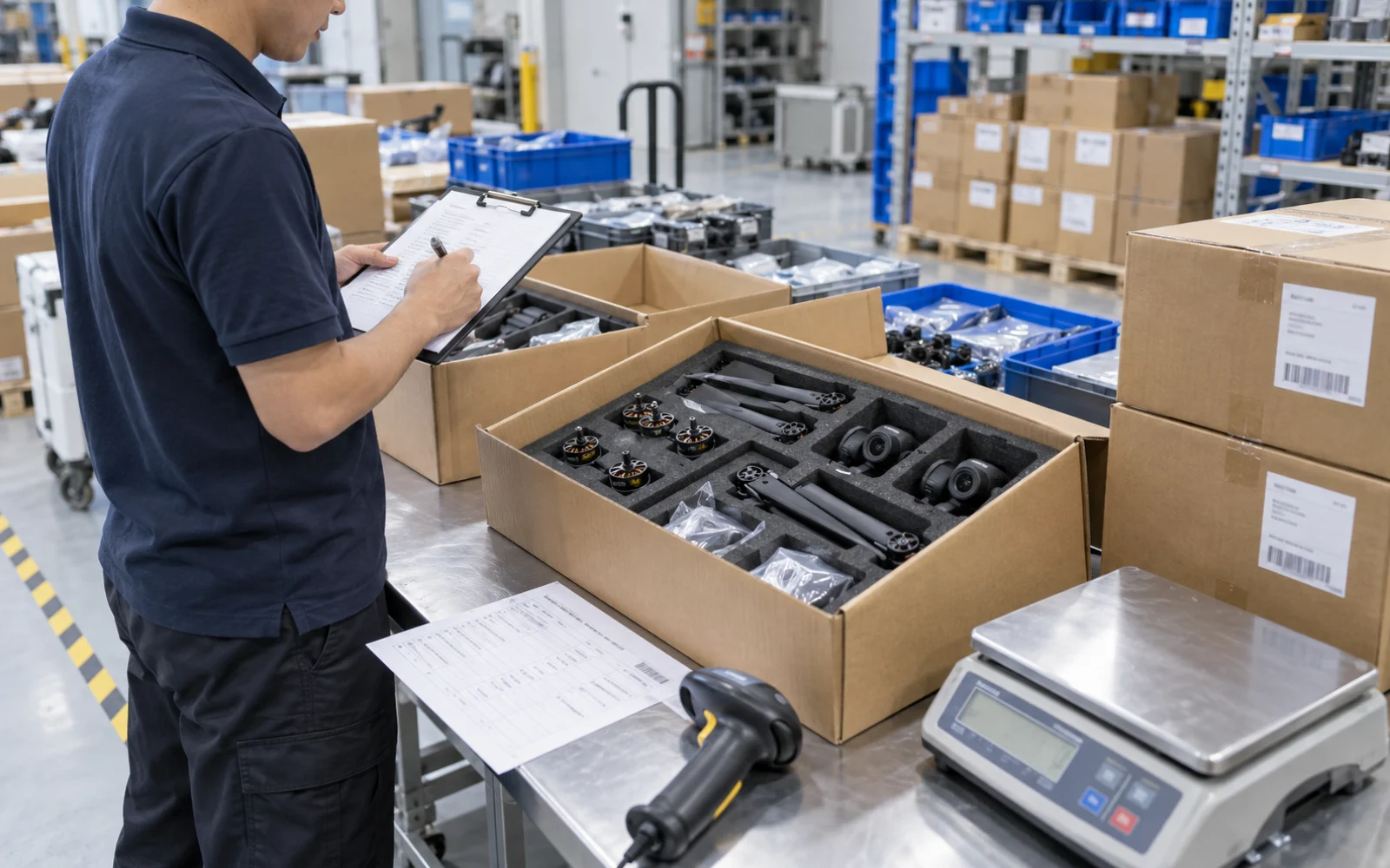 Final shipment check for an export order of drone parts