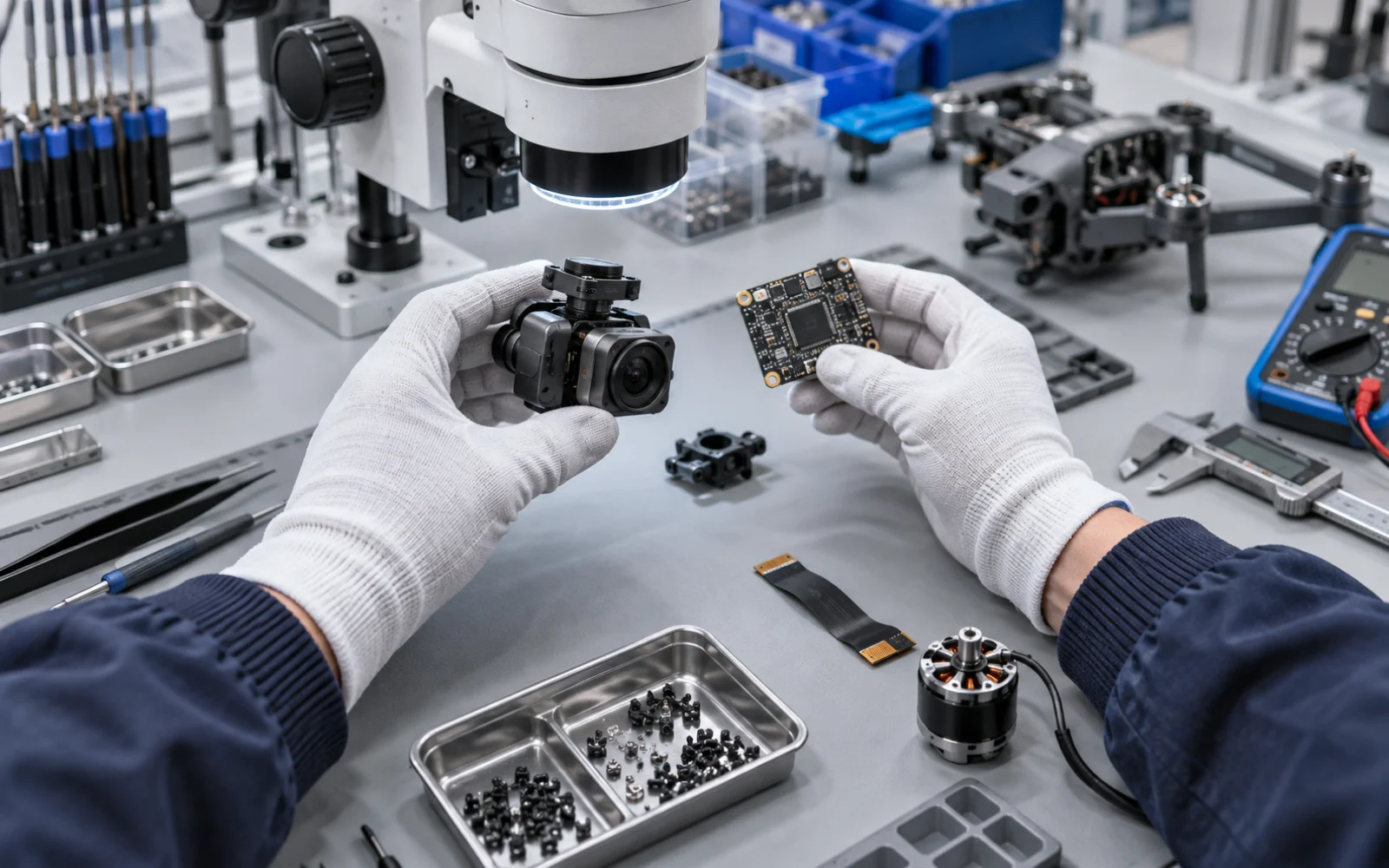Technician inspecting a drone gimbal camera and circuit board